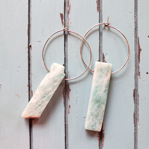 Handmade Turquoise Amazonite Quartz Crystal Healing Hoop Earrings - Picture 3 of 4